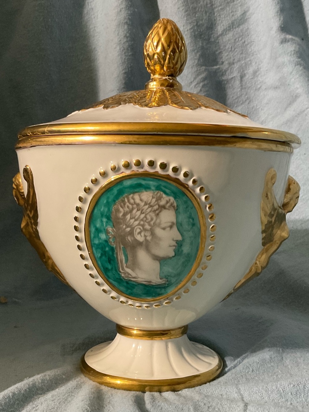 White and Gold Ceramic Covered Urn with Teal Medallion Accent